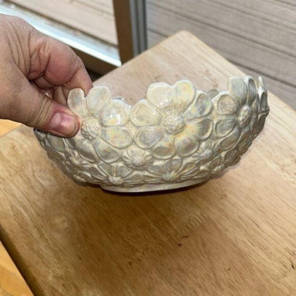White Pearlescent Floral Bowl, Candle Holder, 8" - Picture 1 of 4